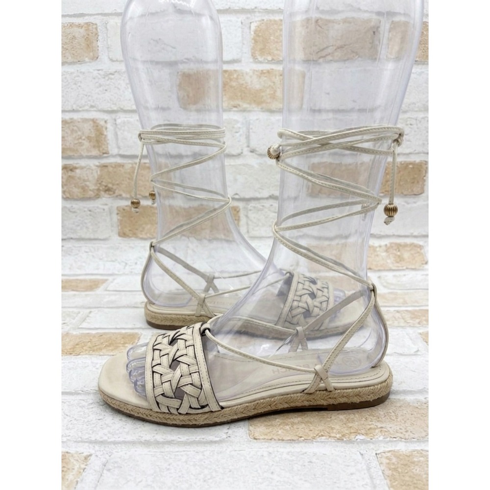 Tory Burch Cream Leather Woven Lace Up Gladiator Sandals Espadrille Trim Flat
